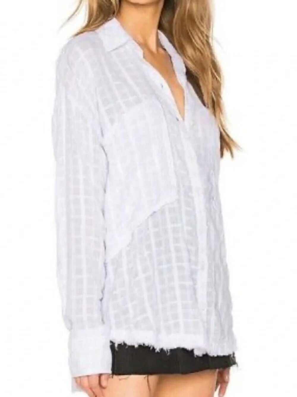 Free People Loveland Woven Frayed Hem Button-Front Shirt M Oversized Boho Beach